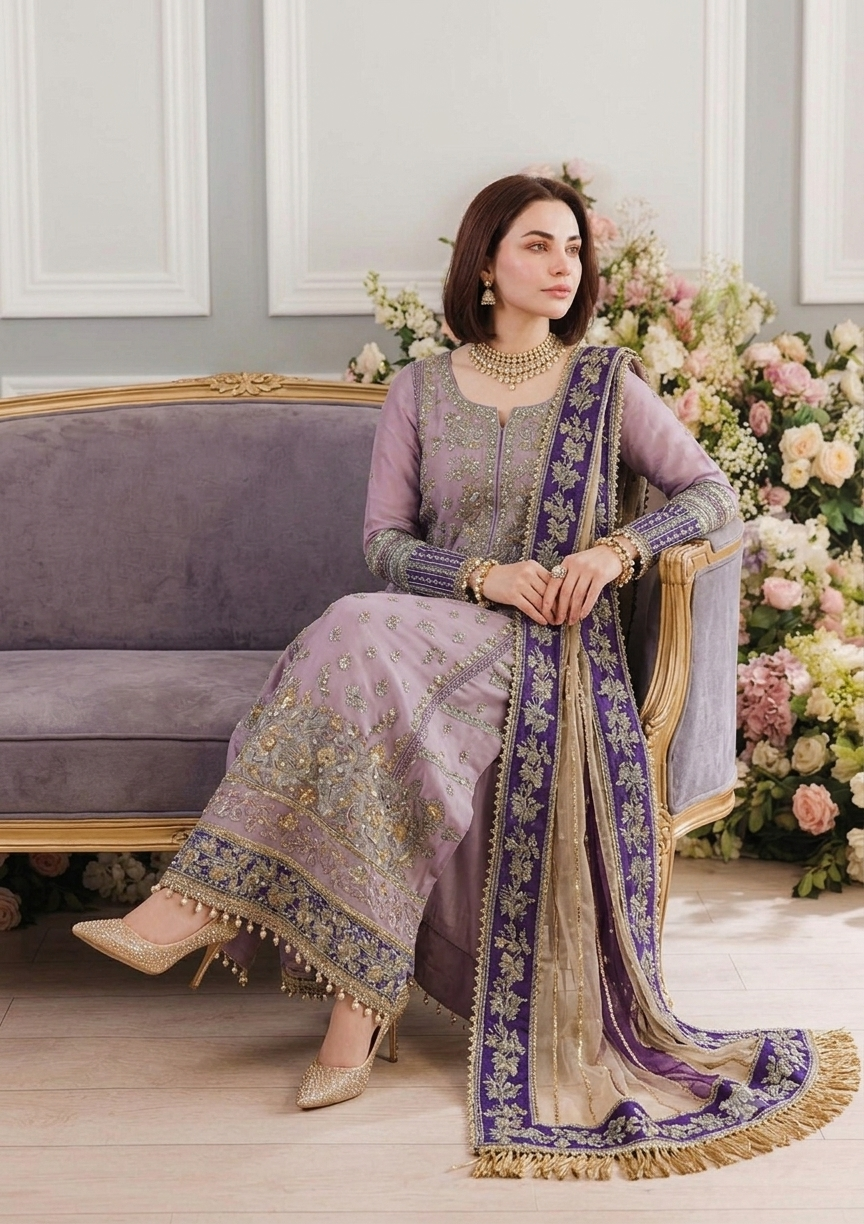 Soft Lavender: Embroidered Chiffon Suit With Purple Bordered Dupatta | Ready To Wear