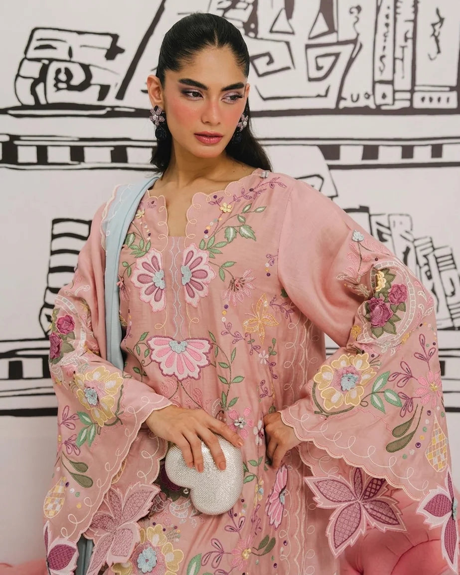 Pastel Pink & Ice Blue Accent: Embroidered Cotton Suit | Ready To Wear