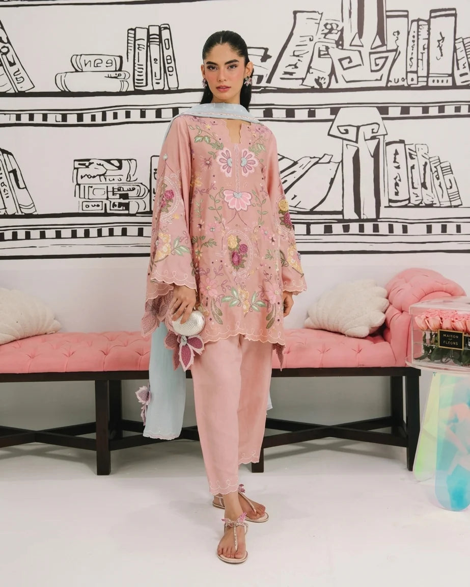 Pastel Pink & Ice Blue Accent: Embroidered Cotton Suit | Ready To Wear