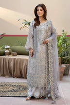Soft Icy Grey & Silver Embroidered Organza Suit | Ready To Wear