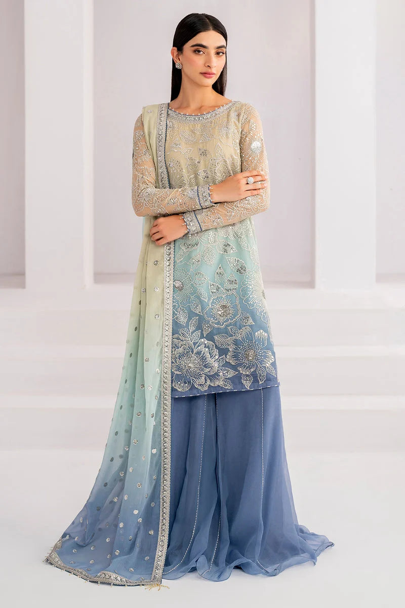 Dual-Tone Pastel Ice Blue & Beige: Embroidered Chiffon Suit