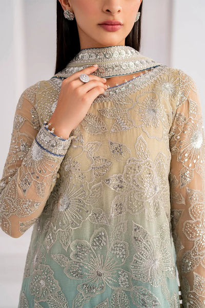 Dual-Tone Pastel Ice Blue & Beige: Embroidered Chiffon Suit