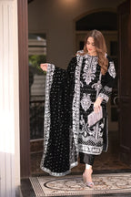 Midnight Noir & Icy Silver: Embroidered Velvet Suit | Ready To Wear