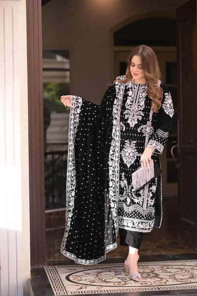 Midnight Noir & Icy Silver: Embroidered Velvet Suit | Ready To Wear