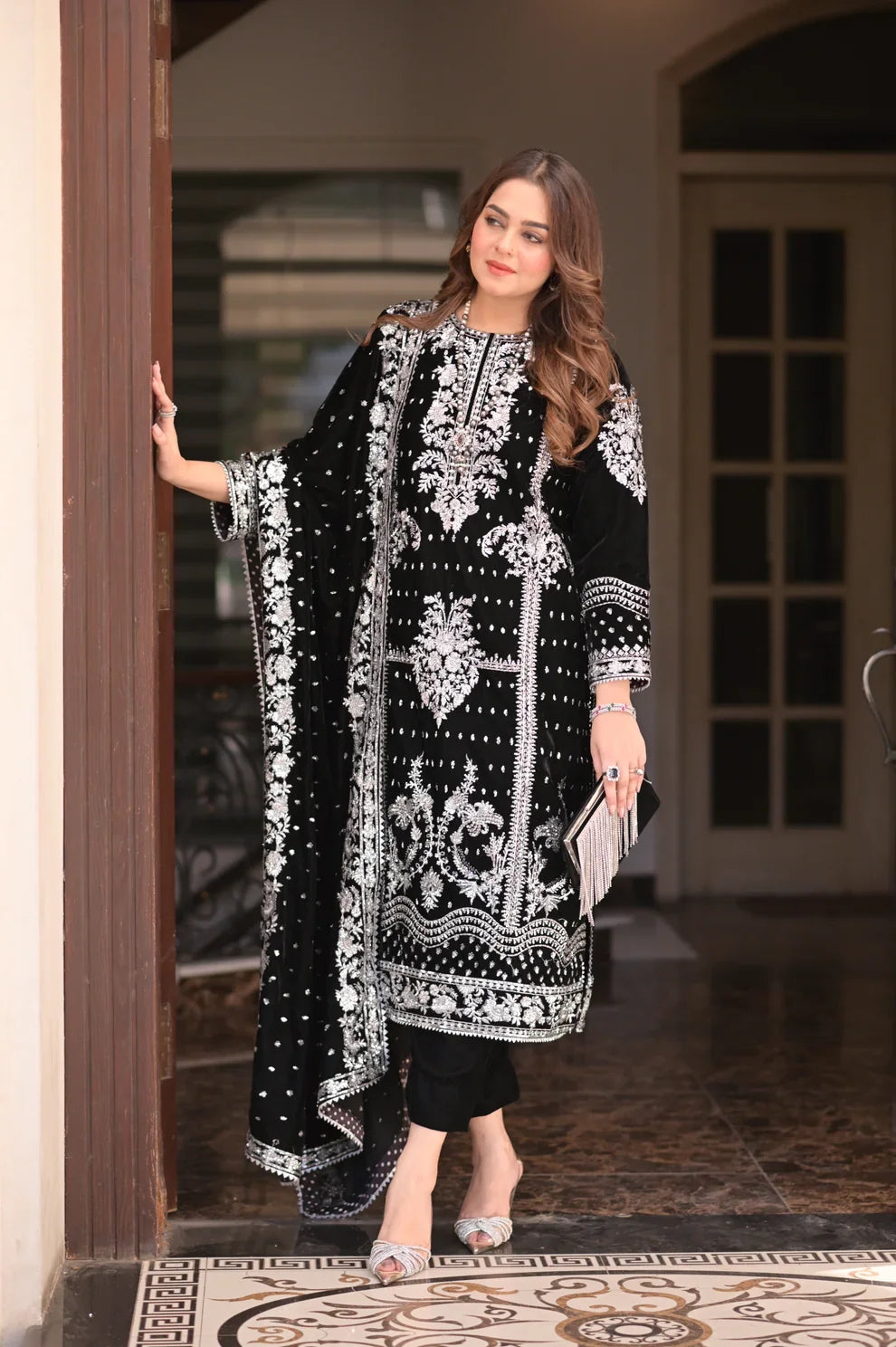 Midnight Noir & Icy Silver: Embroidered Velvet Suit | Ready To Wear