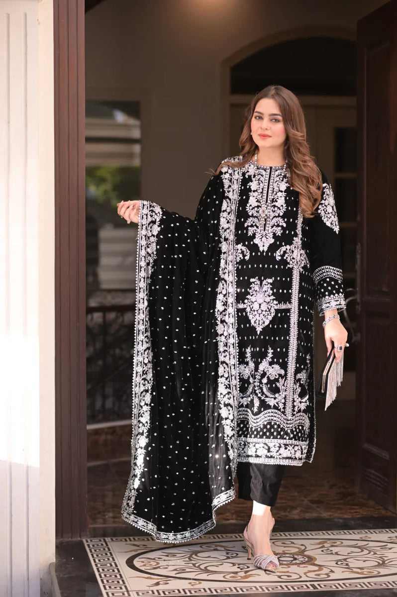 Midnight Noir & Icy Silver: Embroidered Velvet Suit | Ready To Wear