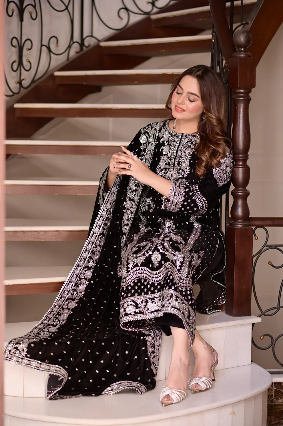 Midnight Noir & Icy Silver: Embroidered Velvet Suit | Ready To Wear