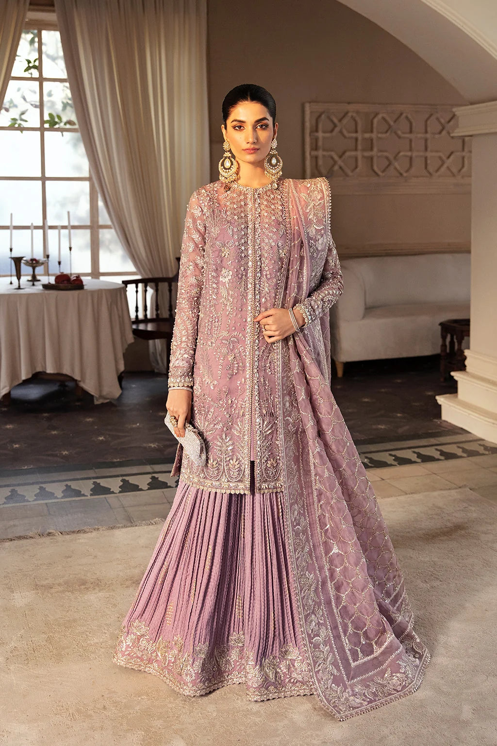 Mauve Elegance: Embroidered Organza Shirt with Pleated Lehenga | Ready To Wear