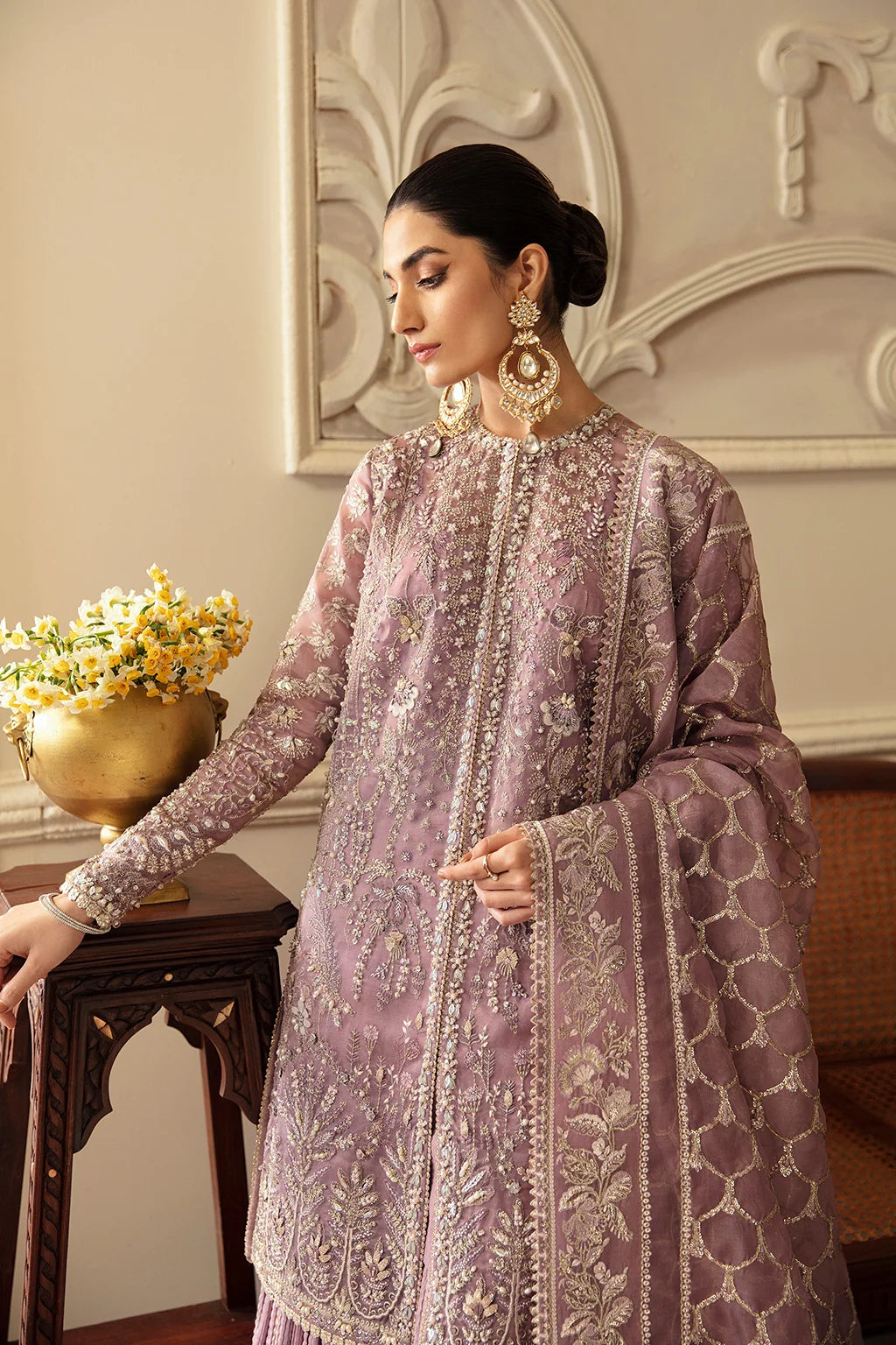 Mauve Elegance: Embroidered Organza Shirt with Pleated Lehenga | Ready To Wear