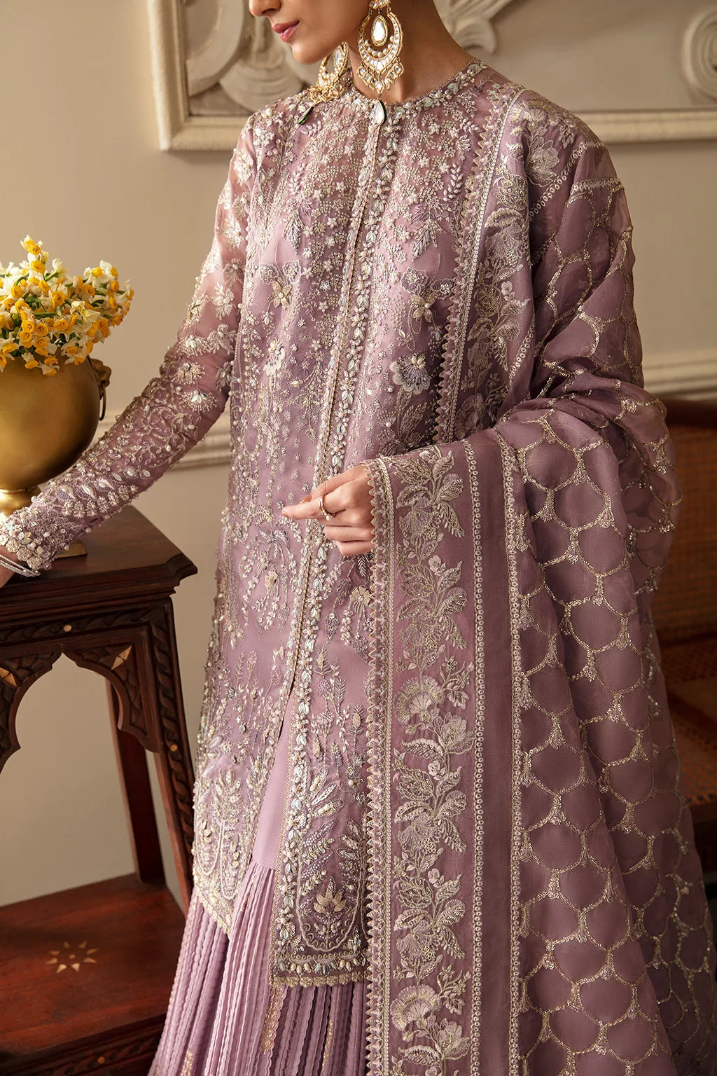 Mauve Elegance: Embroidered Organza Shirt with Pleated Lehenga | Ready To Wear