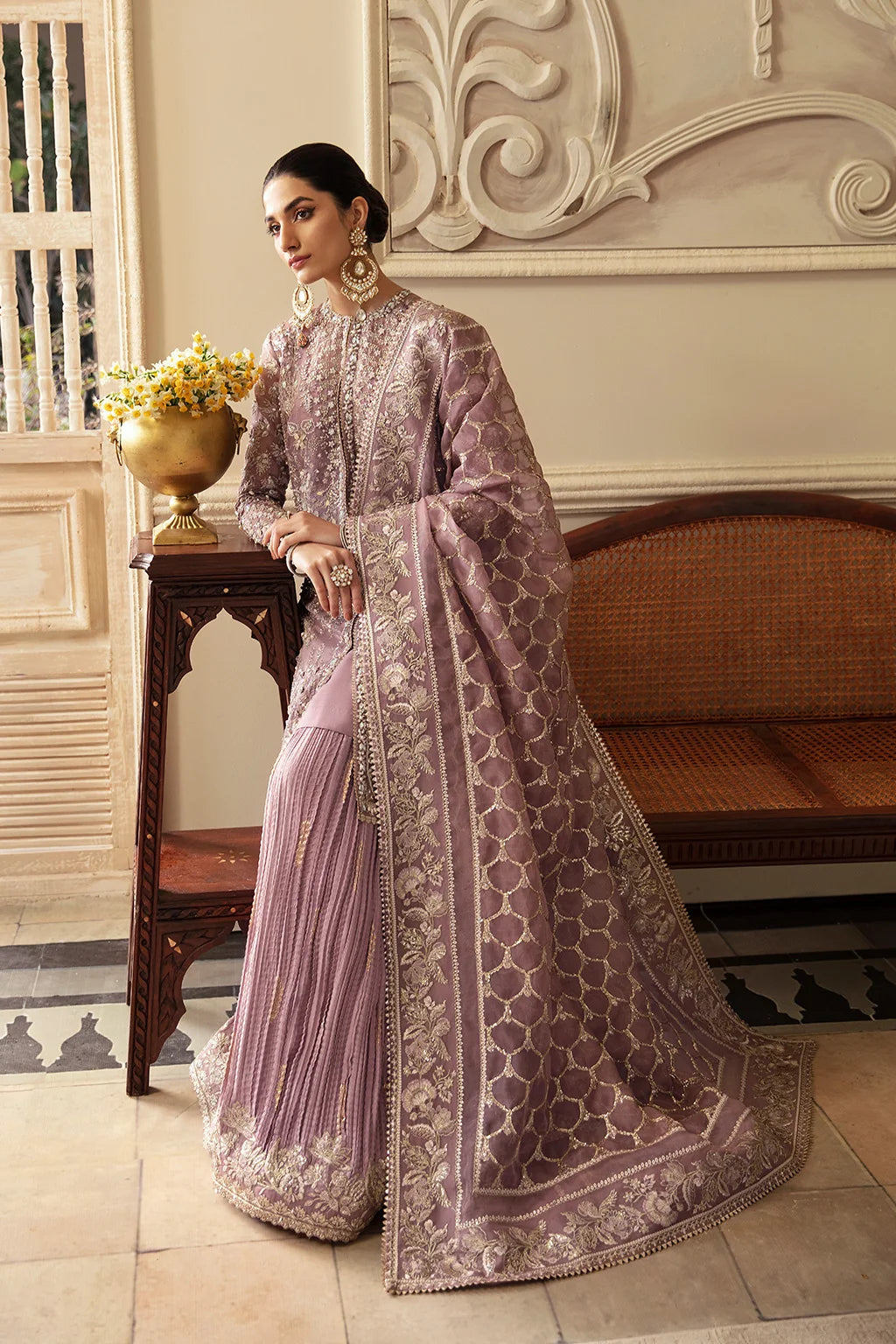Mauve Elegance: Embroidered Organza Shirt with Pleated Lehenga | Ready To Wear