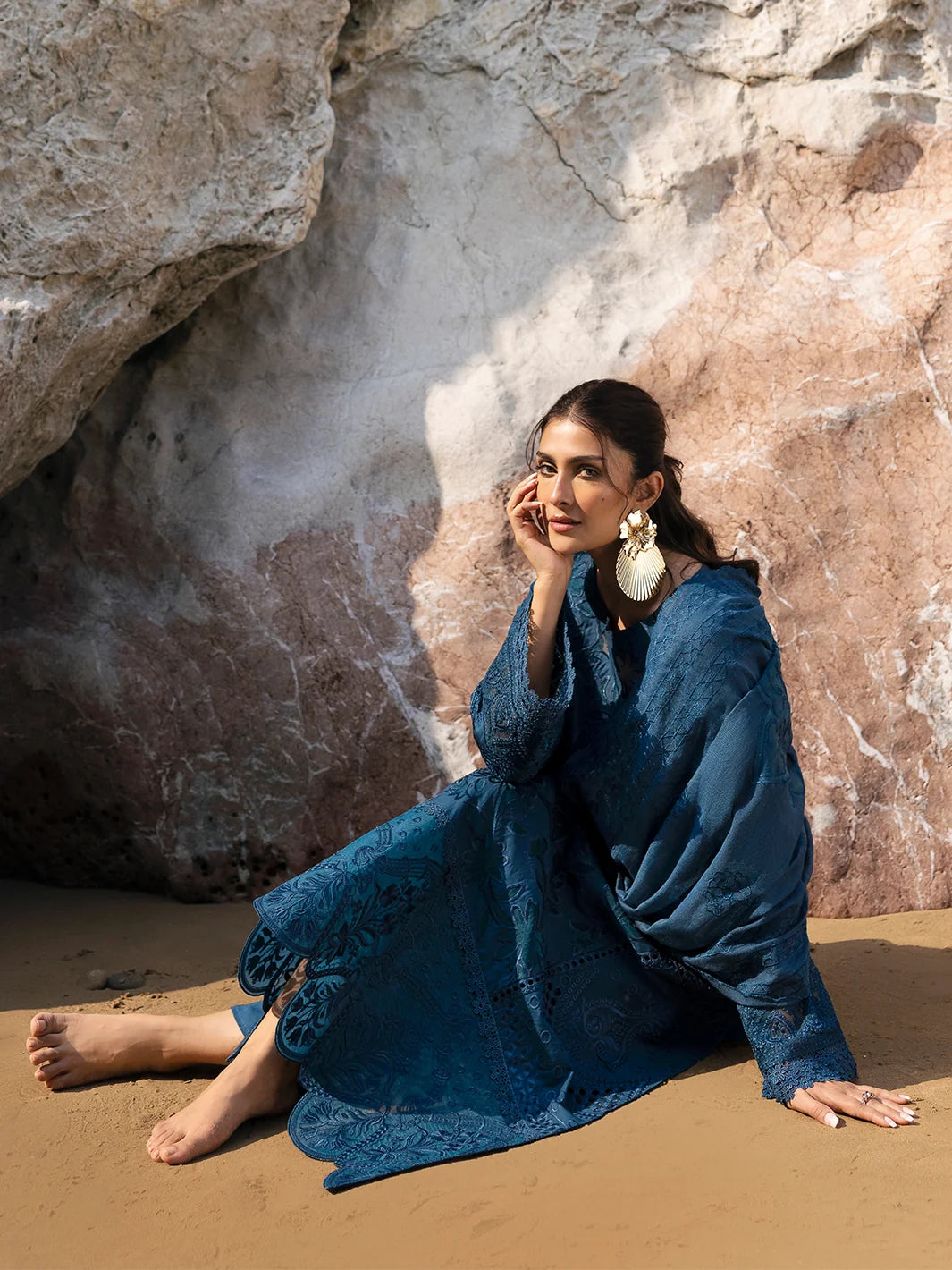 Deep Teal Blue: Embroidered Chikankari Cotton Suit | Ready To Wear