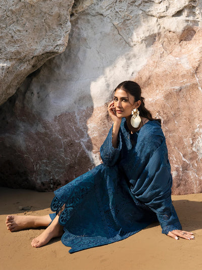 Deep Teal Blue: Embroidered Chikankari Cotton Suit | Ready To Wear
