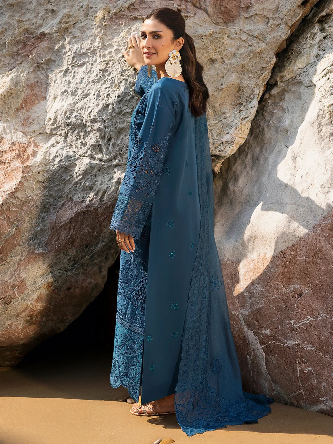 Deep Teal Blue: Embroidered Chikankari Cotton Suit | Ready To Wear