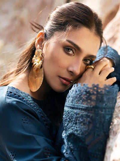 Deep Teal Blue: Embroidered Chikankari Cotton Suit | Ready To Wear