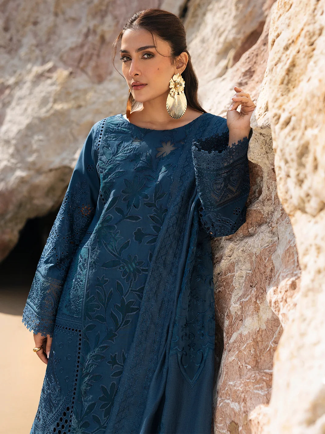 Deep Teal Blue: Embroidered Chikankari Cotton Suit | Ready To Wear
