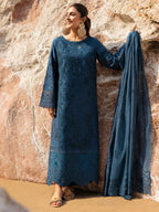 Deep Teal Blue: Embroidered Chikankari Cotton Suit | Ready To Wear