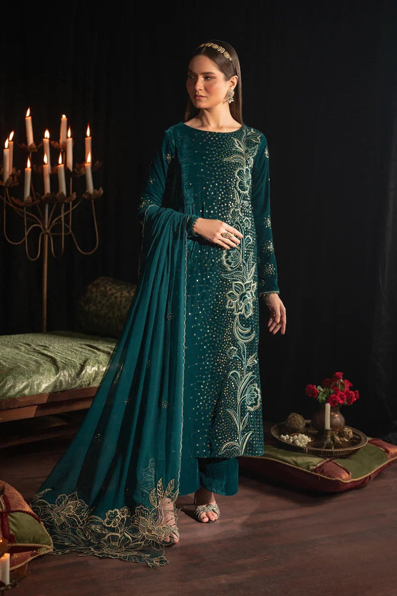 Deep Teal & Gold Accent: Embroidered Velvet Suit | Ready To Wear
