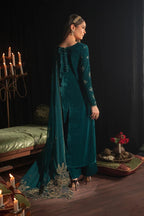 Deep Teal & Gold Accent: Embroidered Velvet Suit | Ready To Wear