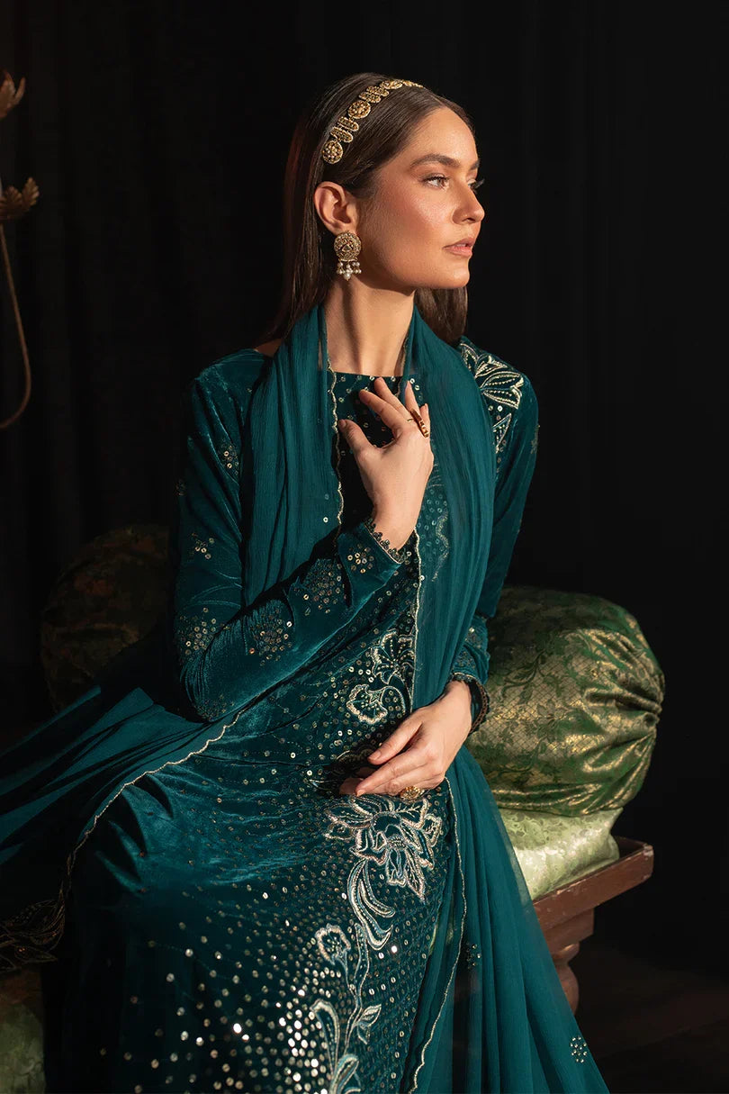 Deep Teal & Gold Accent: Embroidered Velvet Suit | Ready To Wear