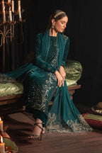 Deep Teal & Gold Accent: Embroidered Velvet Suit | Ready To Wear