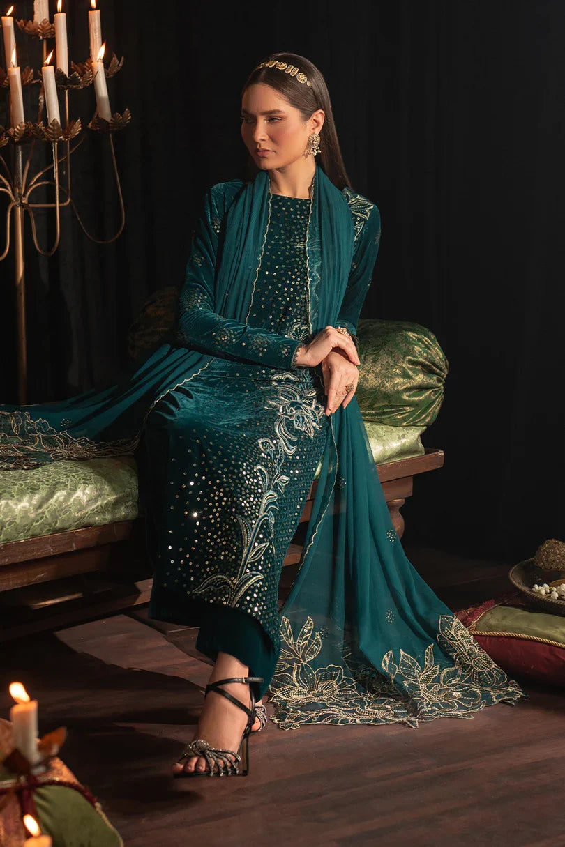 Deep Teal & Gold Accent: Embroidered Velvet Suit | Ready To Wear