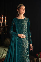 Deep Teal & Gold Accent: Embroidered Velvet Suit | Ready To Wear