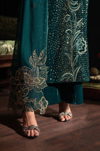 Deep Teal & Gold Accent: Embroidered Velvet Suit | Ready To Wear