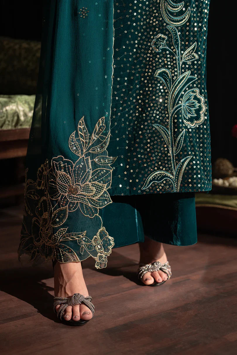 Deep Teal & Gold Accent: Embroidered Velvet Suit | Ready To Wear