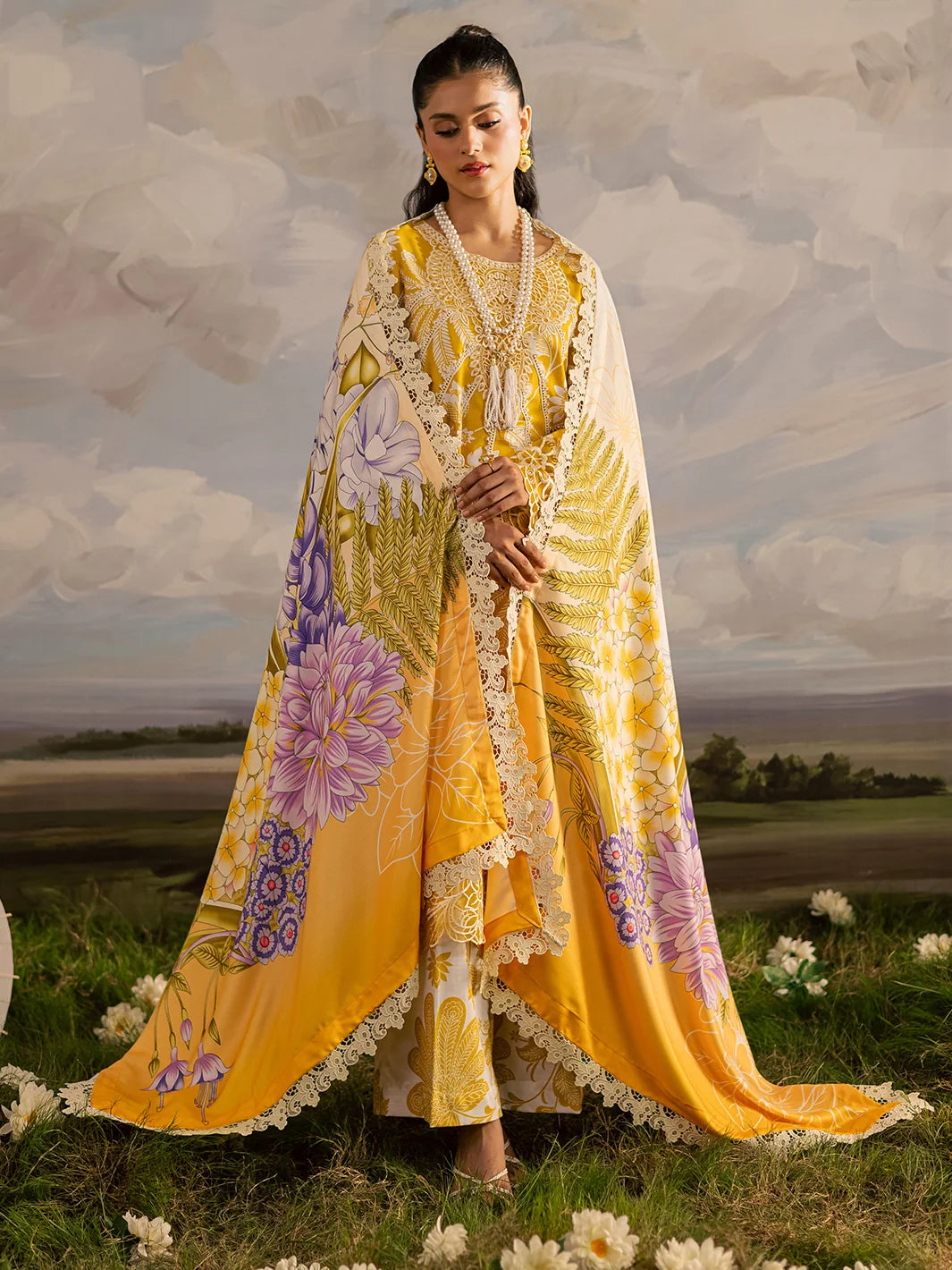 Mustard Yellow & White Accent: Printed Lawn Suit