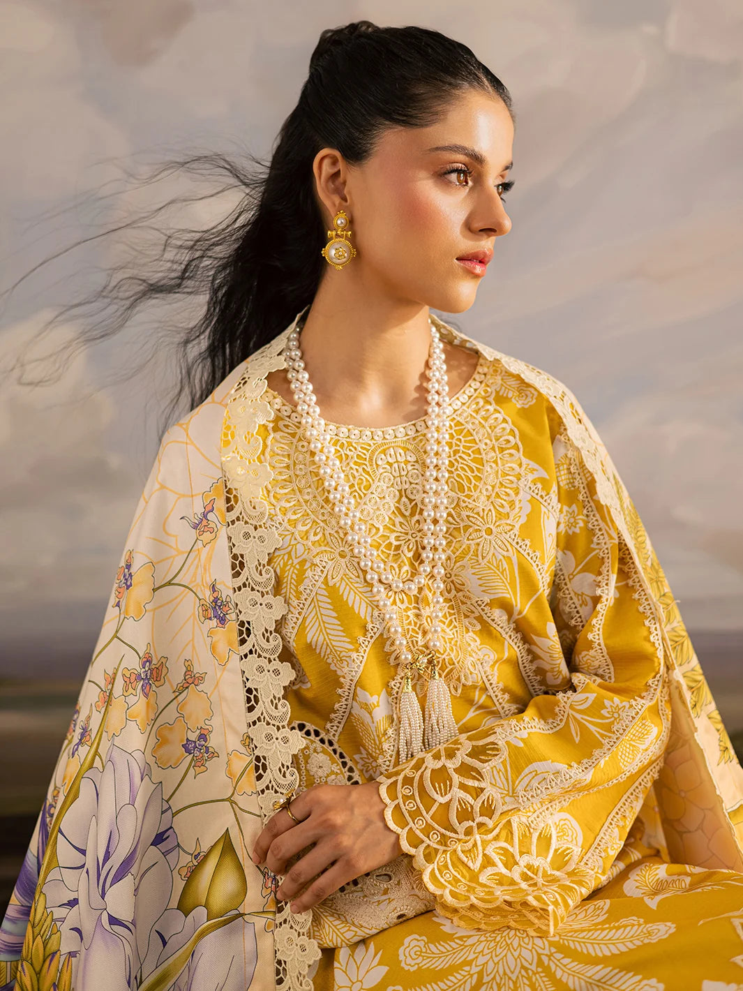 Mustard Yellow & White Accent: Printed Lawn Suit