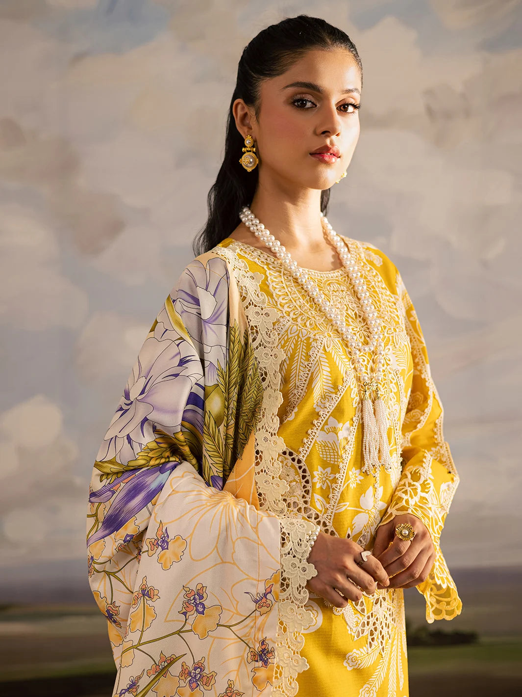 Mustard Yellow & White Accent: Printed Lawn Suit