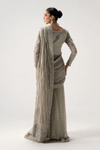 Taupe Grey & Metallic Silver: Embroidered Chiffon Saree | Ready To Wear