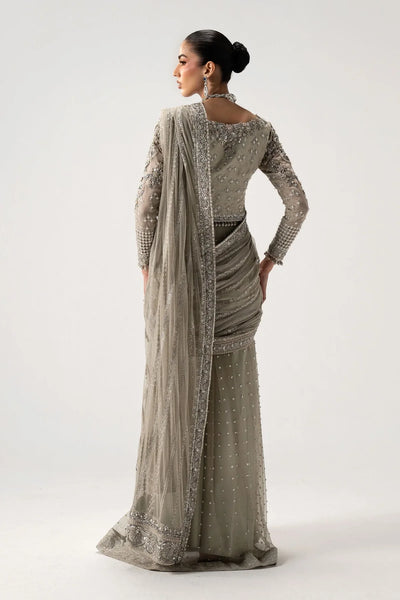Taupe Grey & Metallic Silver: Embroidered Chiffon Saree | Ready To Wear