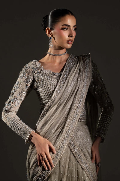 Taupe Grey & Metallic Silver: Embroidered Chiffon Saree | Ready To Wear