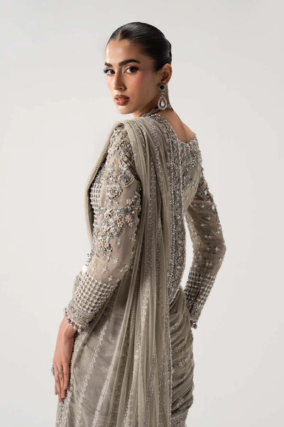 Taupe Grey & Metallic Silver: Embroidered Chiffon Saree | Ready To Wear
