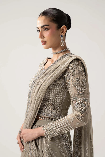 Taupe Grey & Metallic Silver: Embroidered Chiffon Saree | Ready To Wear