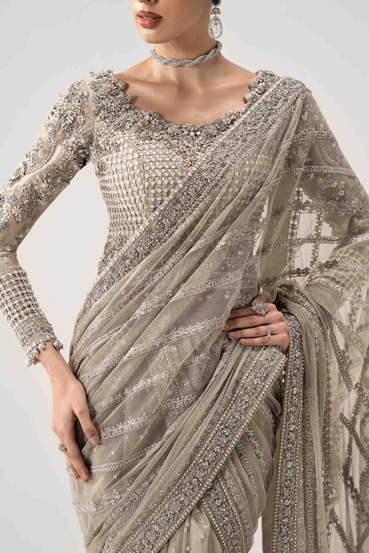 Taupe Grey & Metallic Silver: Embroidered Chiffon Saree | Ready To Wear