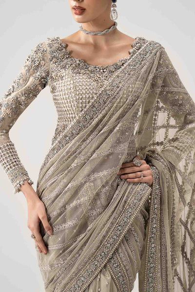 Taupe Grey & Metallic Silver: Embroidered Chiffon Saree | Ready To Wear