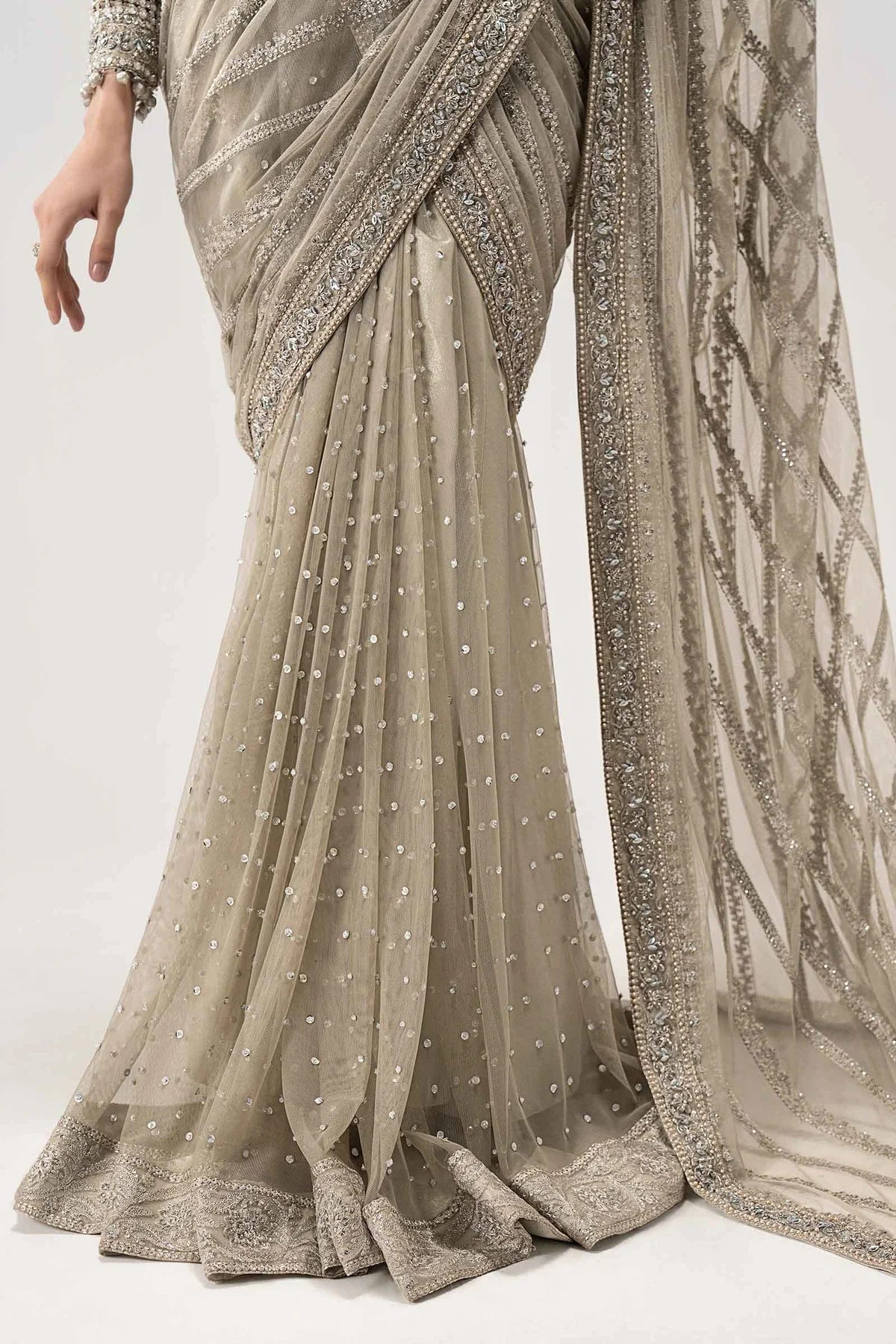Taupe Grey & Metallic Silver: Embroidered Chiffon Saree | Ready To Wear
