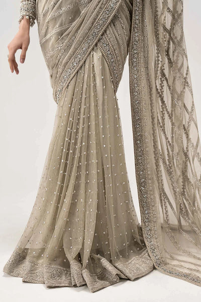 Taupe Grey & Metallic Silver: Embroidered Chiffon Saree | Ready To Wear