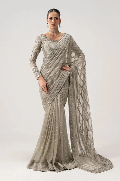 Taupe Grey & Metallic Silver: Embroidered Chiffon Saree | Ready To Wear