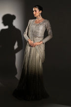 Taupe Grey & Metallic Silver: Embroidered Chiffon Saree | Ready To Wear