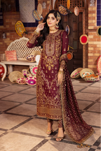Deep Berry & Metallic Gold: Heavy Embroidered Chiffon Suit | Ready To Wear
