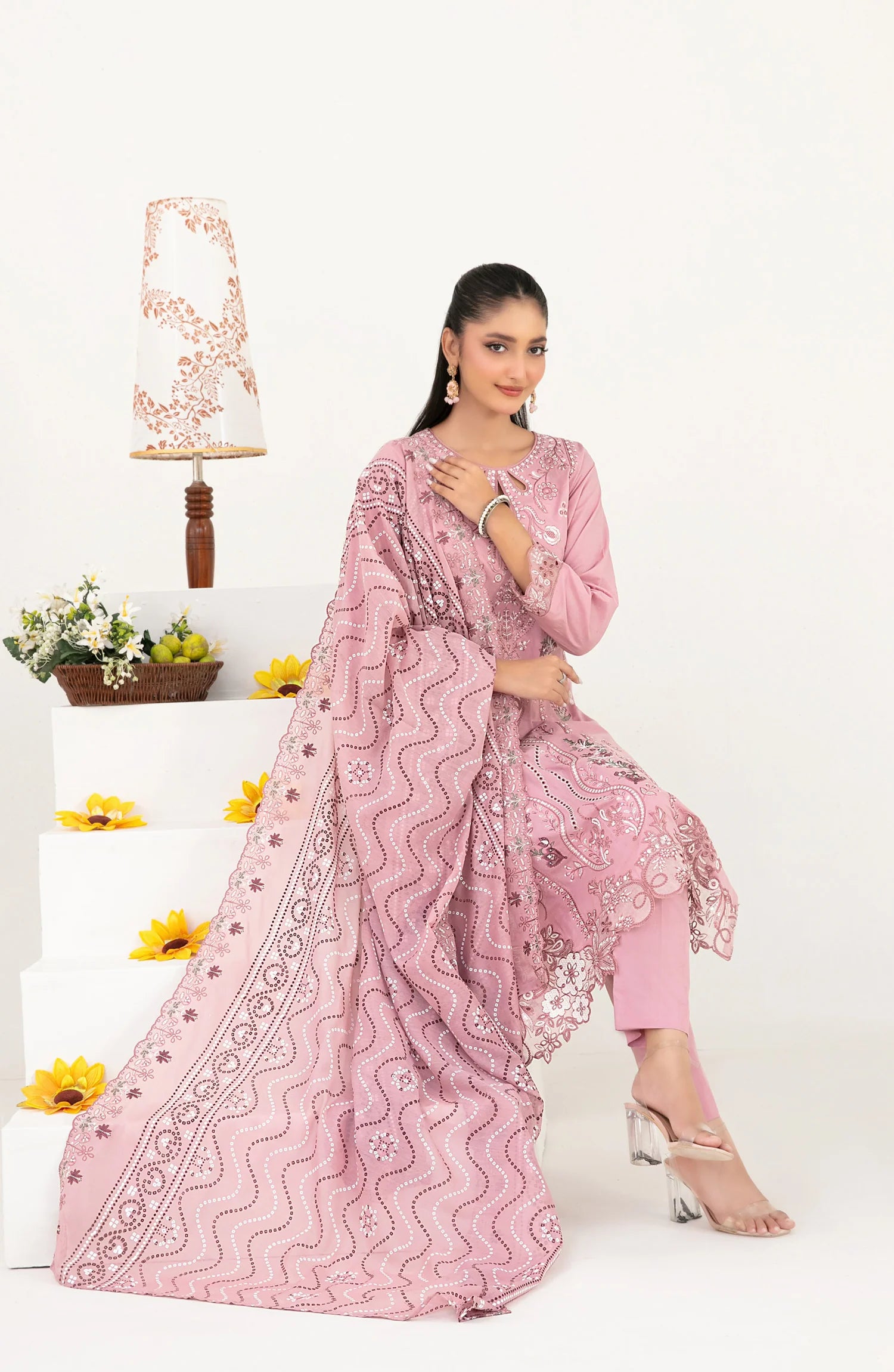 03-Piece Embroidered Lawn Suit & Plain Cotton Trouser | Ready To Wear
