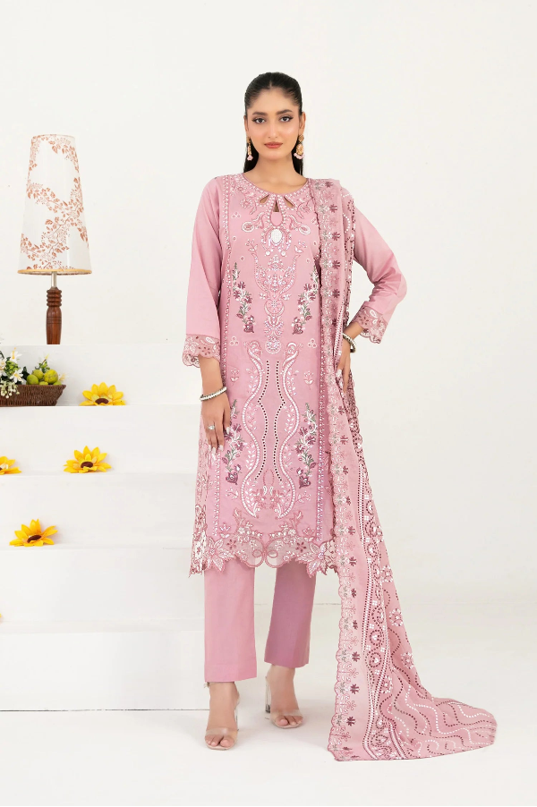 03-Piece Embroidered Lawn Suit & Plain Cotton Trouser | Ready To Wear