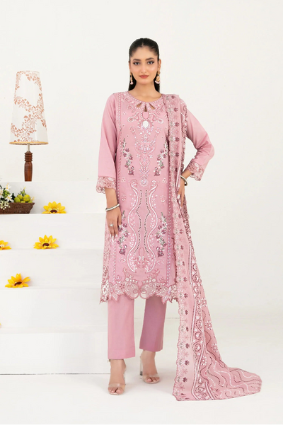 03-Piece Embroidered Lawn Suit & Plain Cotton Trouser | Ready To Wear