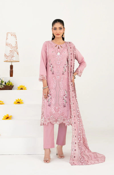 03-Piece Embroidered Lawn Suit & Plain Cotton Trouser | Ready To Wear