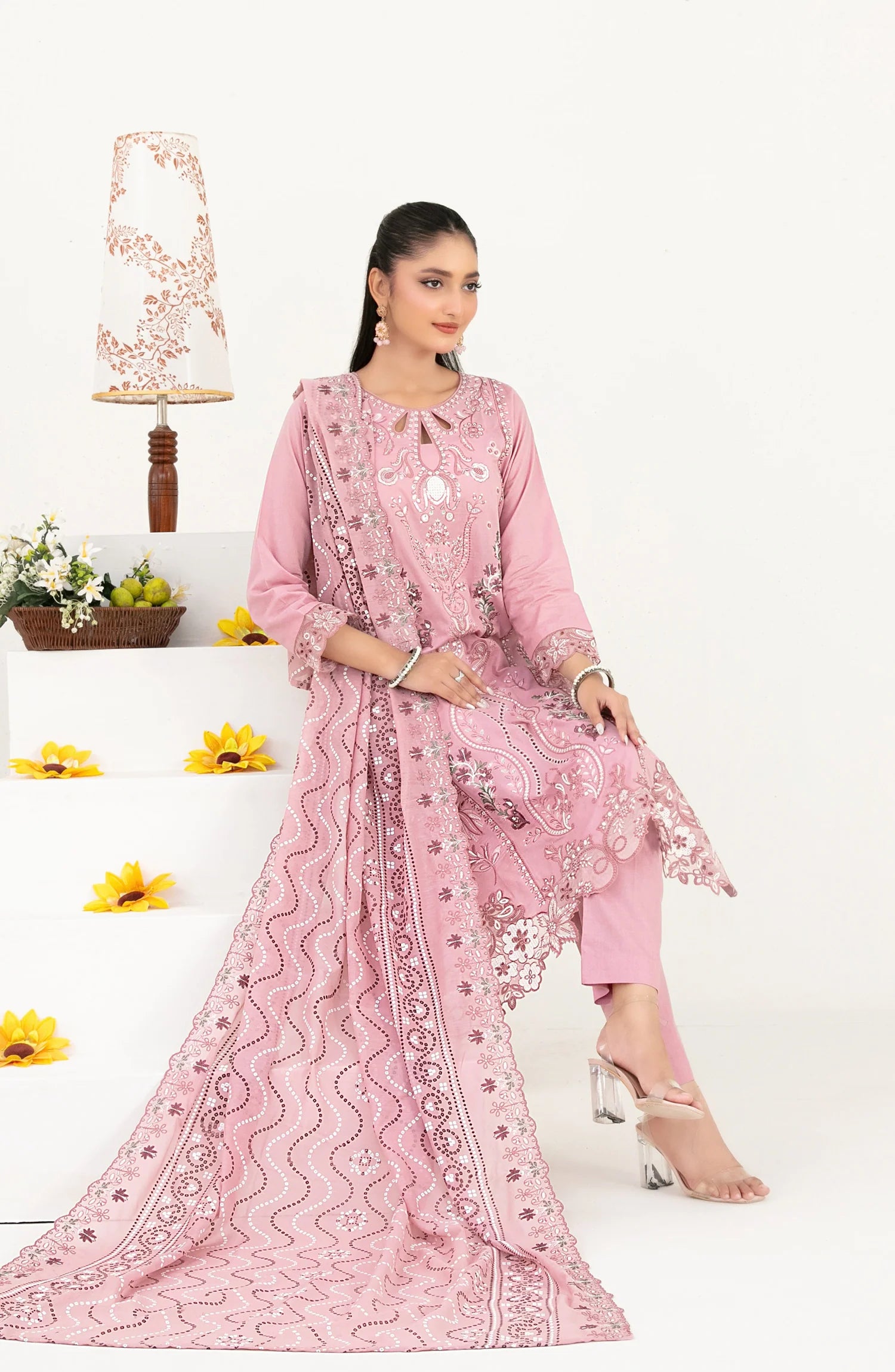 03-Piece Embroidered Lawn Suit & Plain Cotton Trouser | Ready To Wear