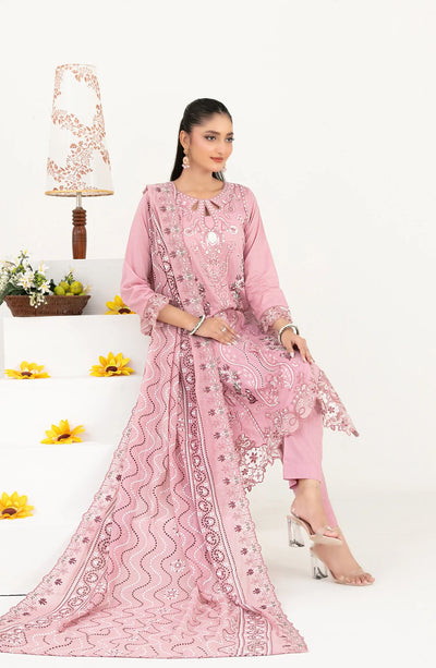 03-Piece Embroidered Lawn Suit & Plain Cotton Trouser | Ready To Wear